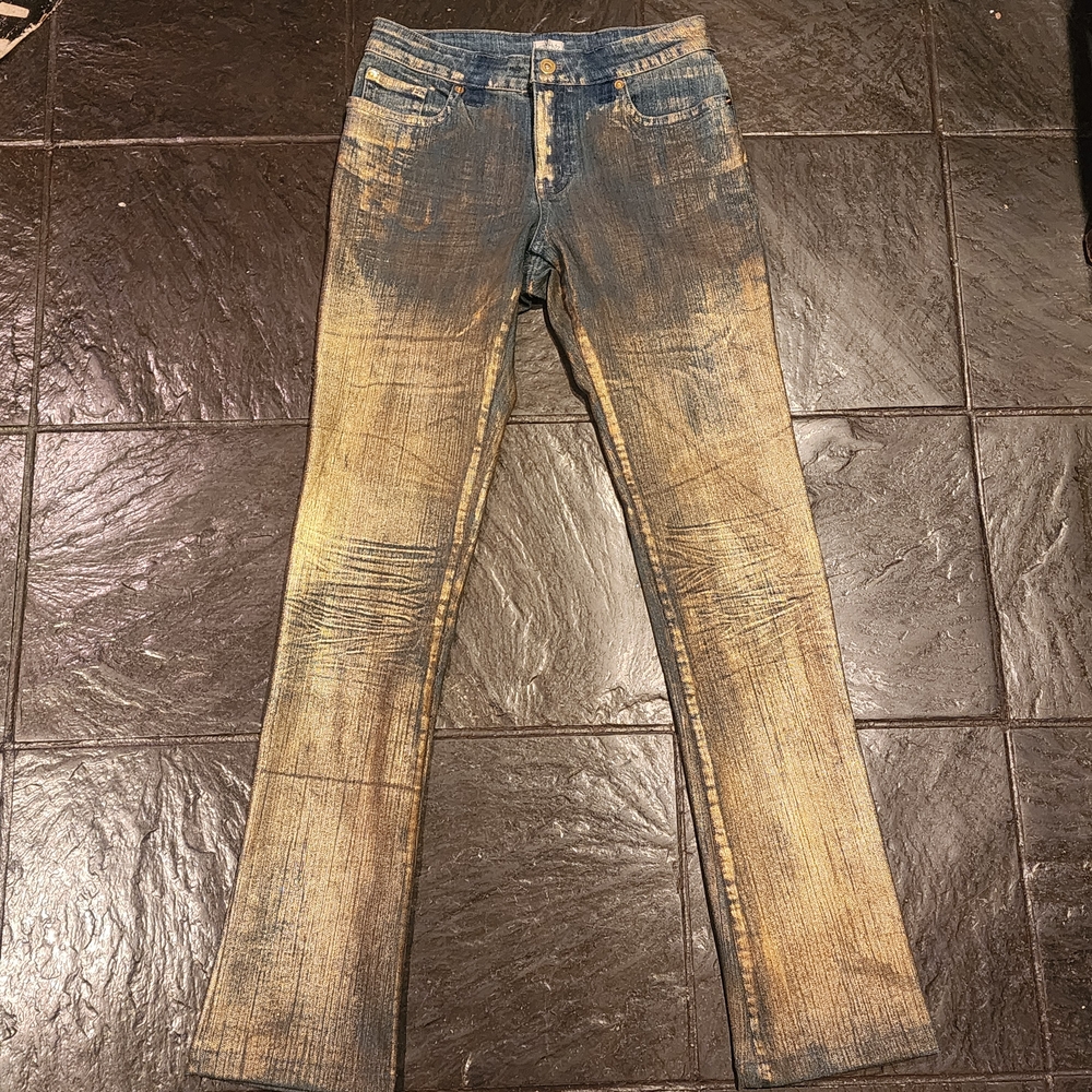 Cache Distressed Blue and Gold Boot Cut Jeans